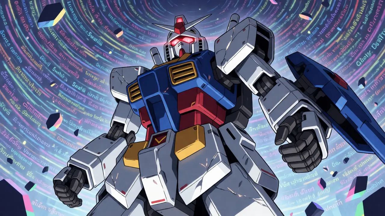 A damaged mecha with a falsely bright red eye amidst chaotic multilingual data streams, showing miscalibrated confidence.