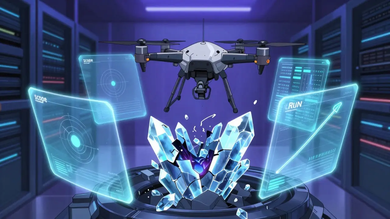 A diagnostic drone analyzes a cracked crystal structure to assess incident severity