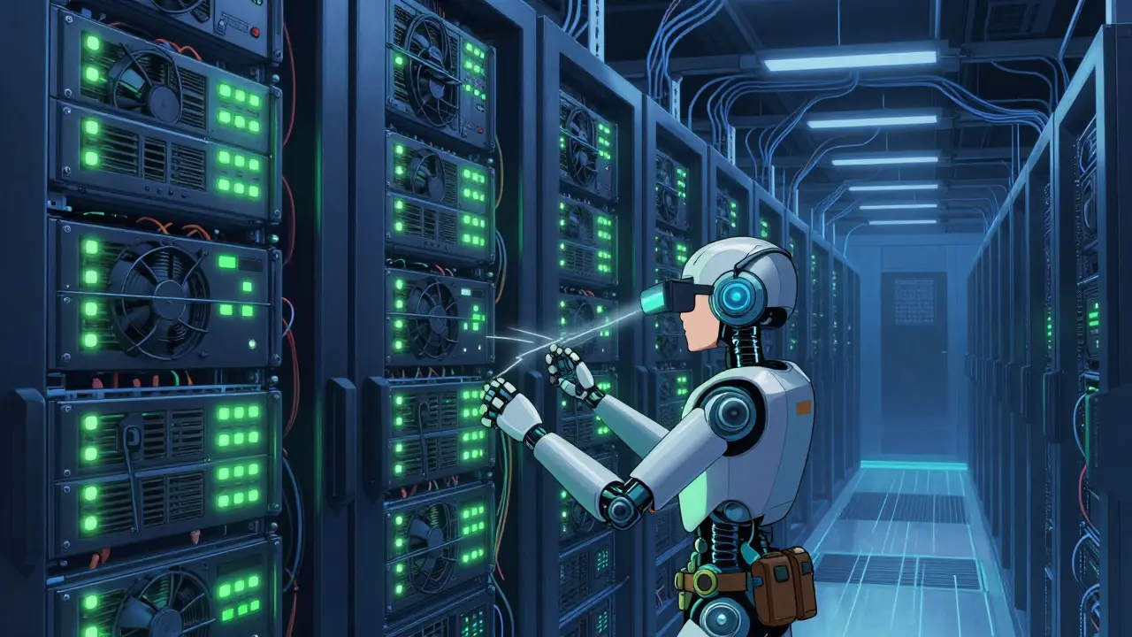A robot engineer inspecting glowing GPU servers inside a complex data center