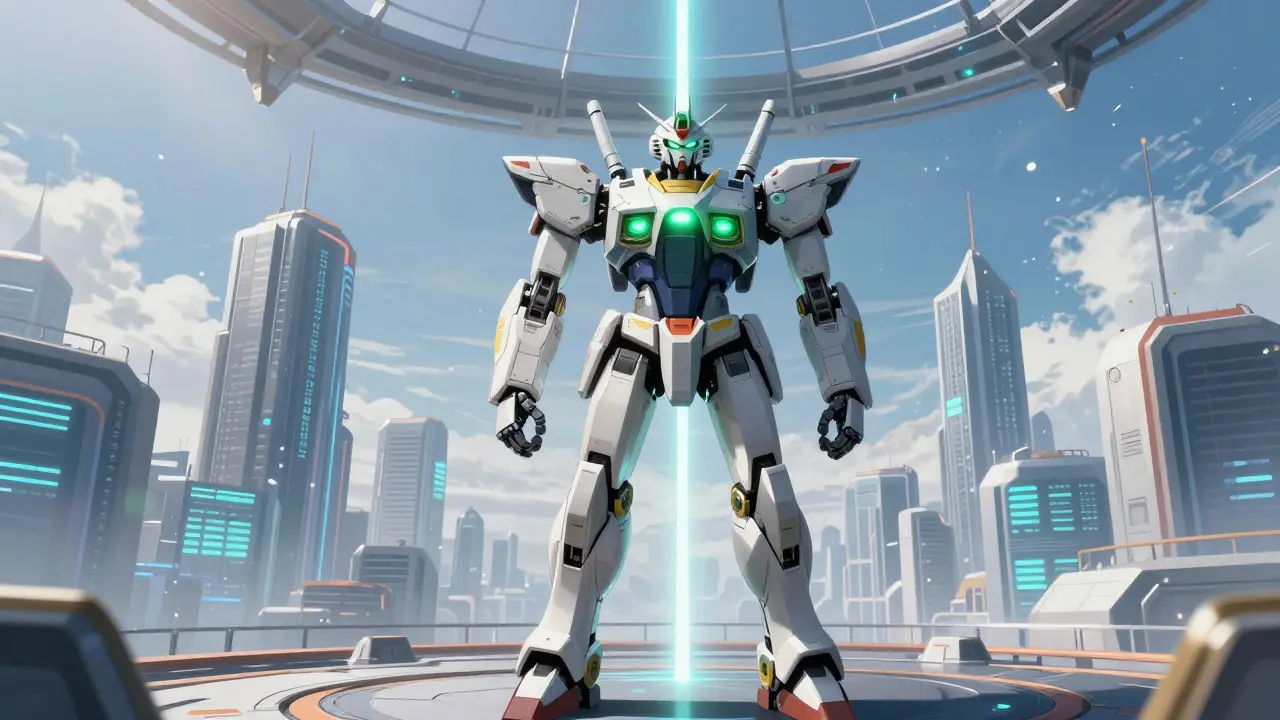 Advanced stable real robot standing on futuristic platform in anime style
