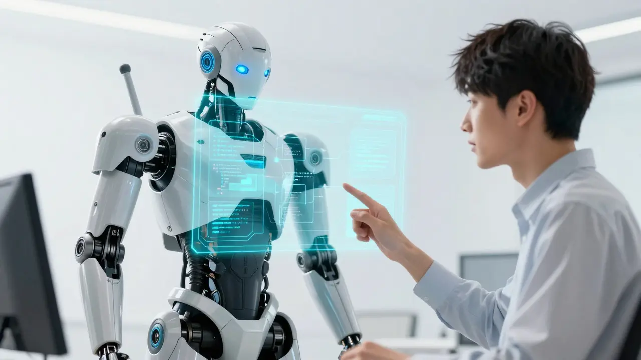 AI robot assistant helping developer analyze code errors