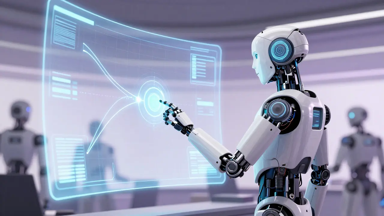 AI robot operating a control panel with optimized convergence curves