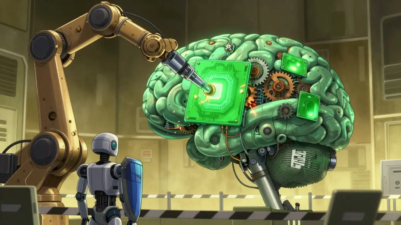 An industrial robot arm installs a green patch module into a mechanical AI core