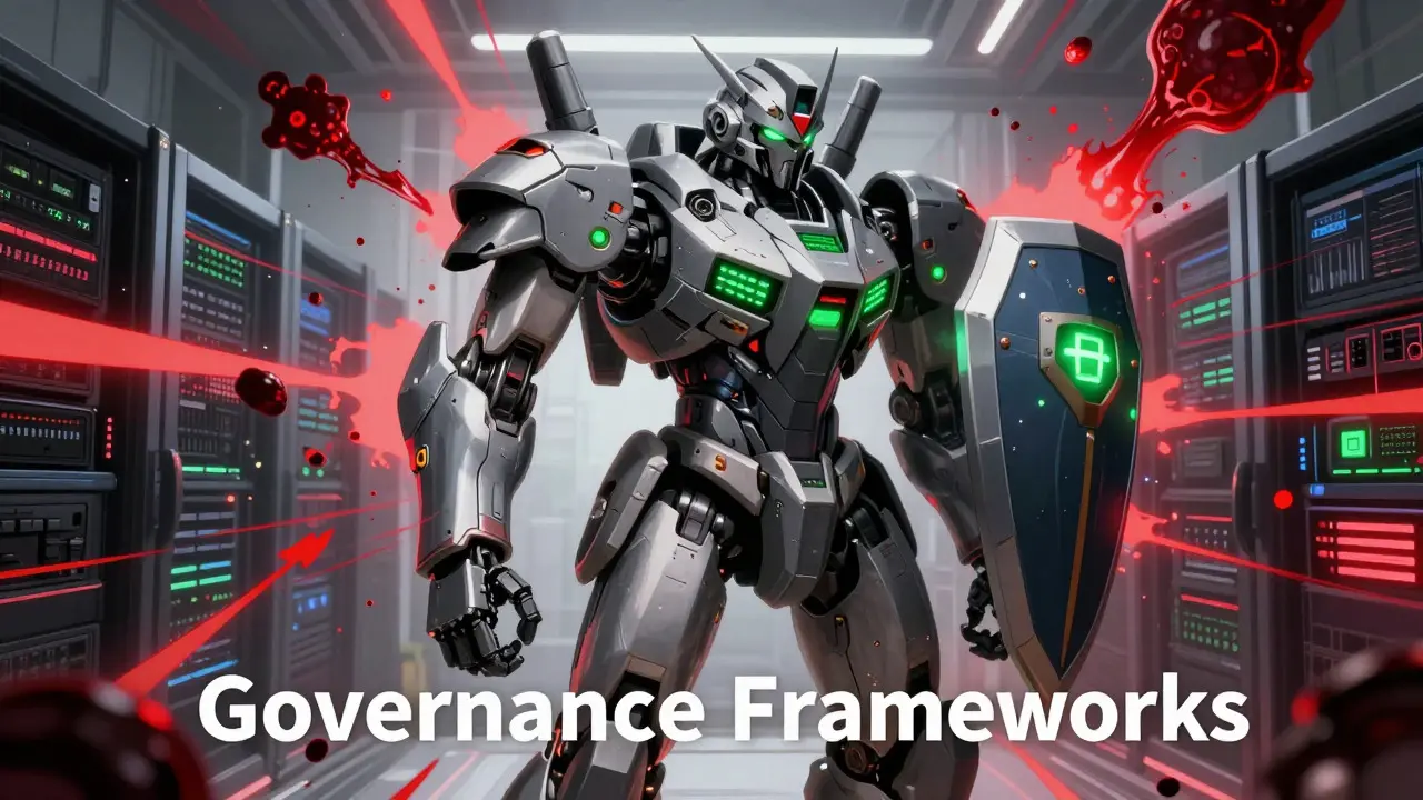 Armored mecha blocking digital security threats in a server room environment