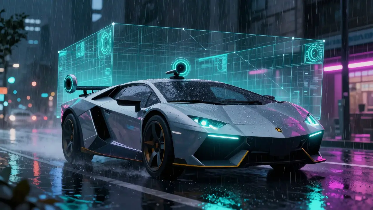 Autonomous car using sensor fusion to navigate a rainy neon city