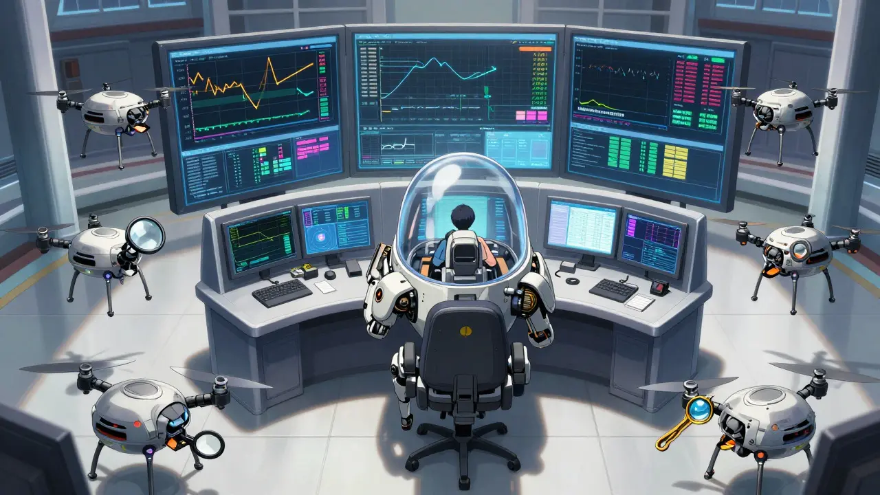 Bipedal robot in a control center monitoring real-time cost dashboards with drone assistants