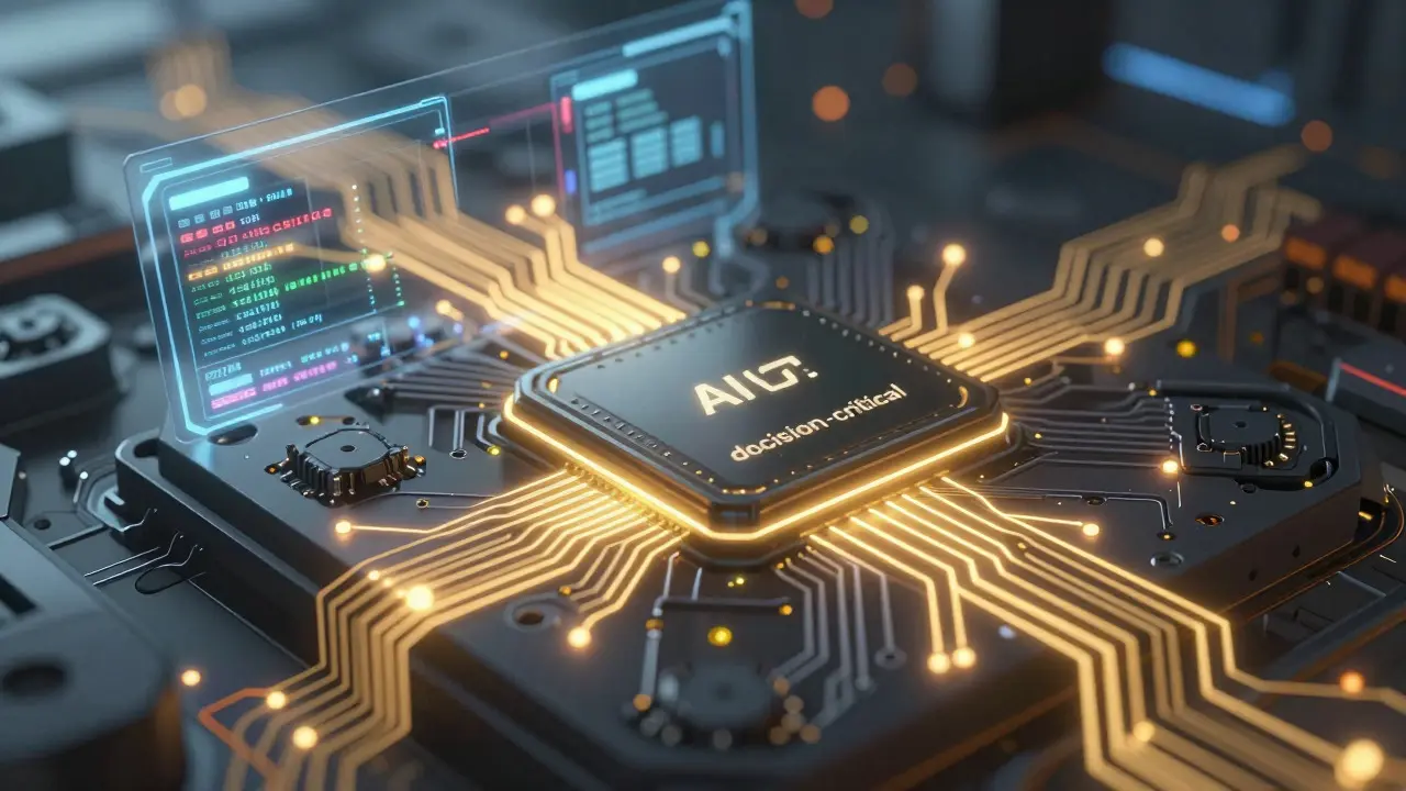 Close-up of AI processor optimizing critical reasoning tokens