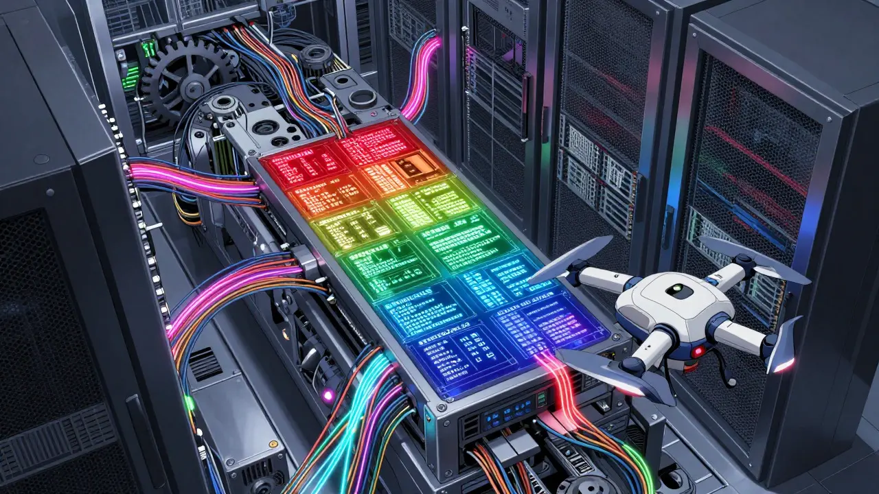 Cutaway view of a server core with color-coded data streams representing specialized AI knowledge clusters