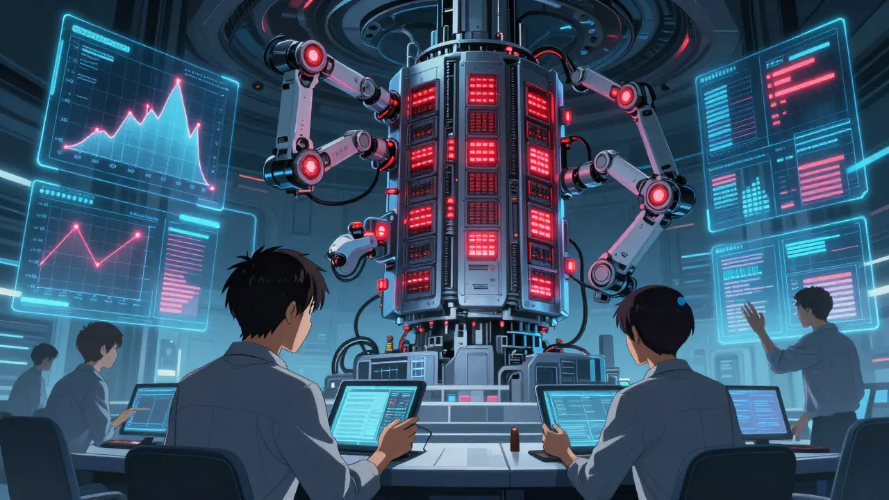 Engineers monitoring unstable AI core with warning lights