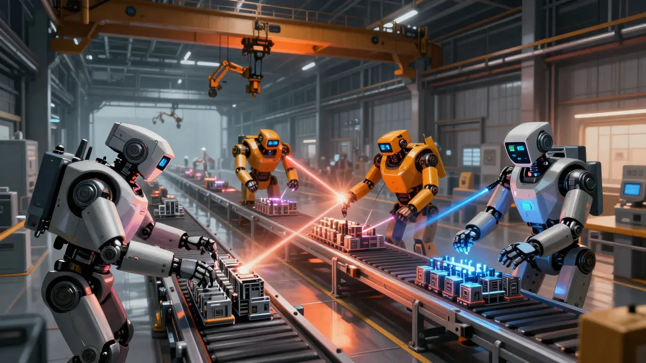 Four robotic agents working together on an automated CI/CD assembly line in a hangar