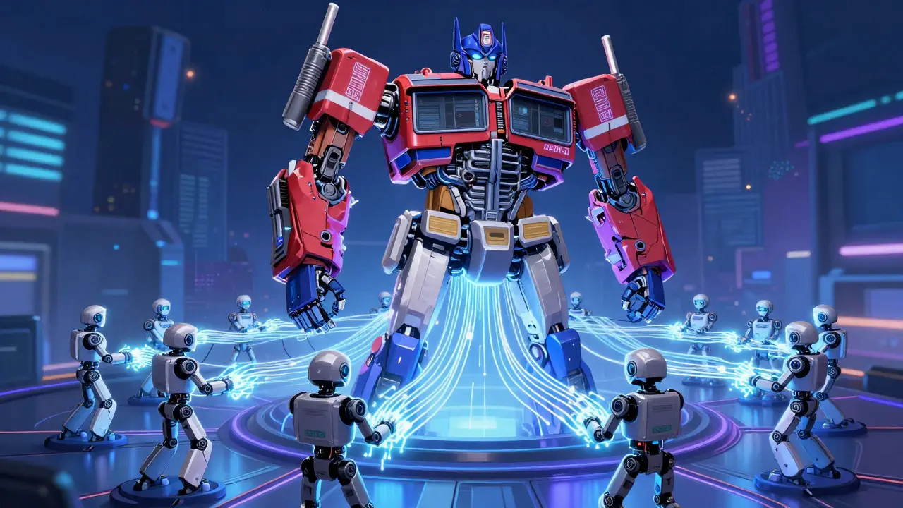 Giant robot core connecting smaller AI agents via glowing cables
