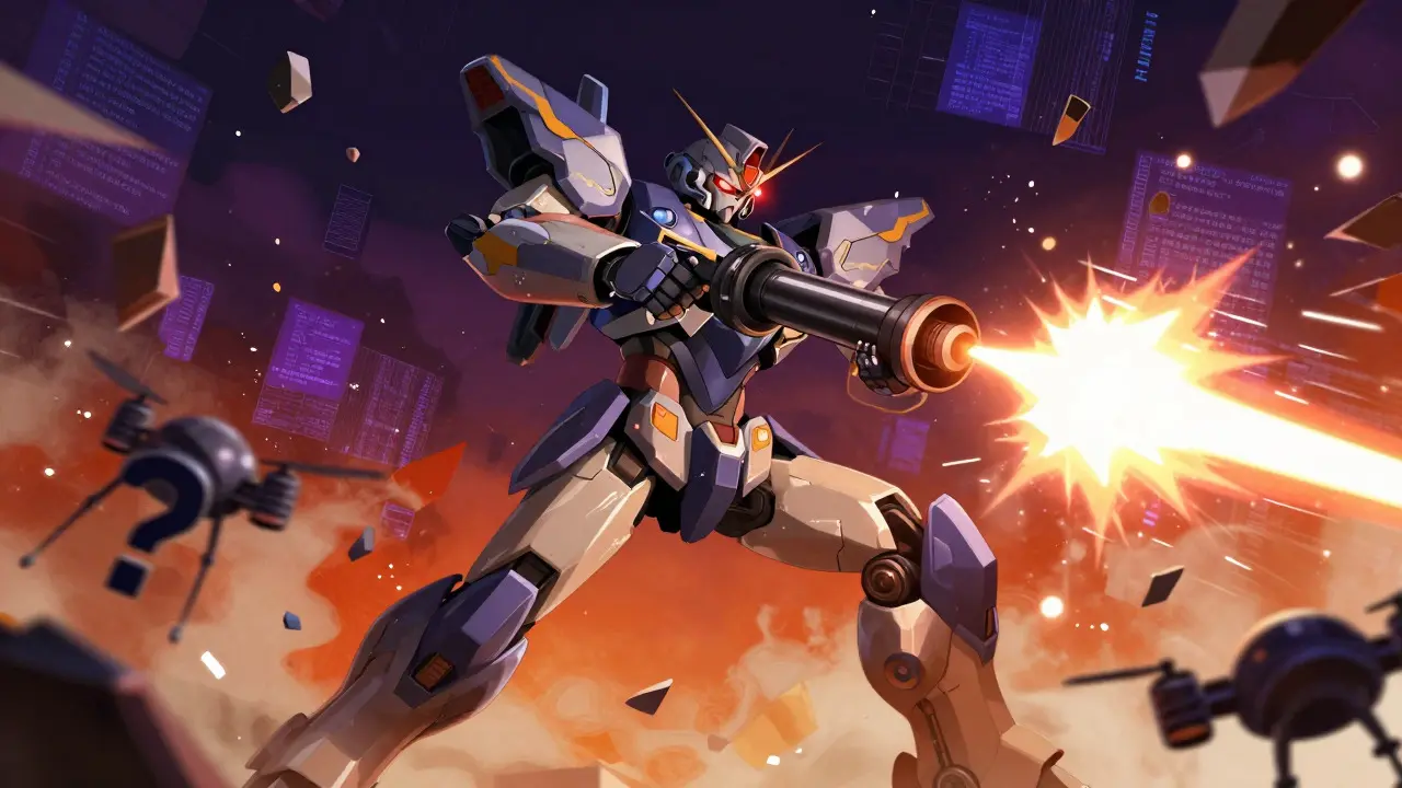 Glitching anime mecha firing distorted beams in a digital void
