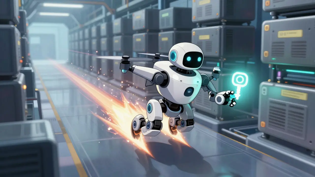 High-speed robot bypassing heavy machinery to demonstrate fast caching