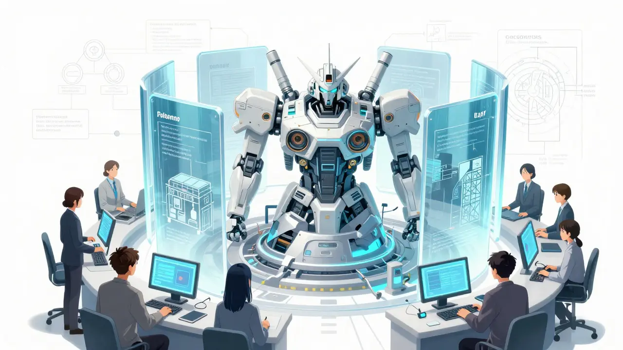 Human engineers monitoring AI core with governance shields