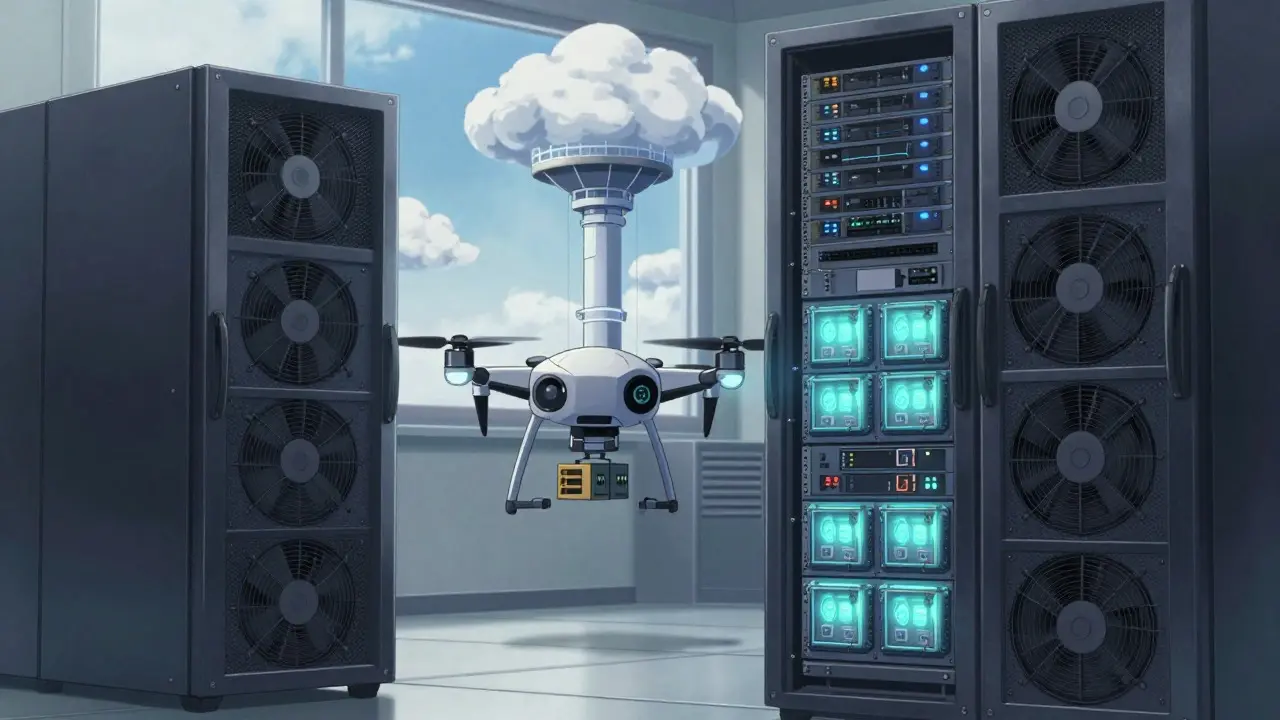 Hybrid AI setup showing local secure servers and cloud-connected drone