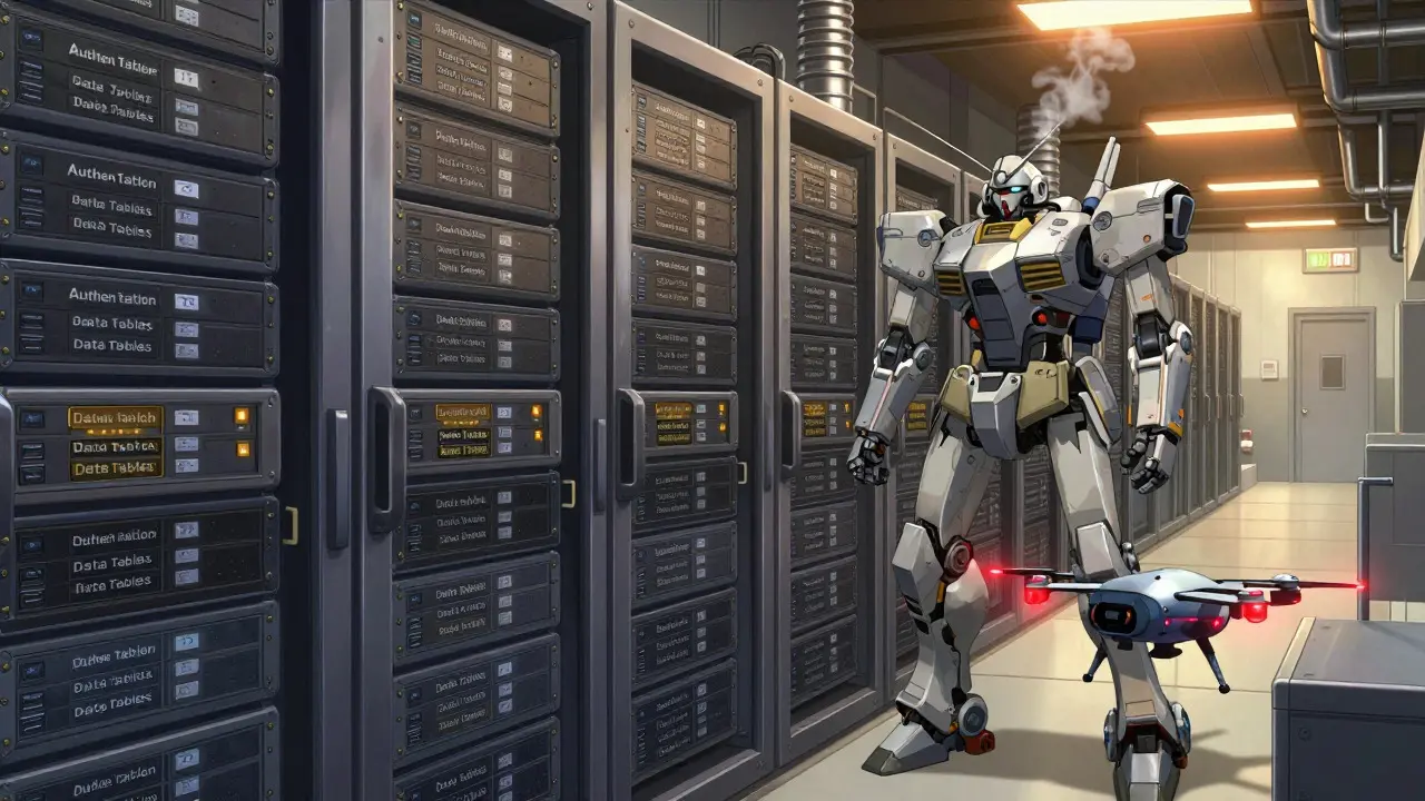 Mecha-style server racks storing organized prompt snippet categories