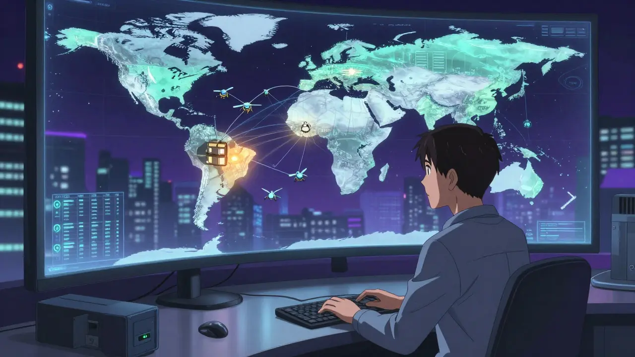On-call engineer monitoring a global edge network map with AI drones fixing a node