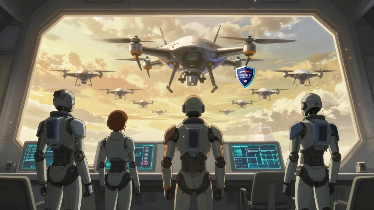 Pilots monitoring a defensive drone fleet in an anime cockpit