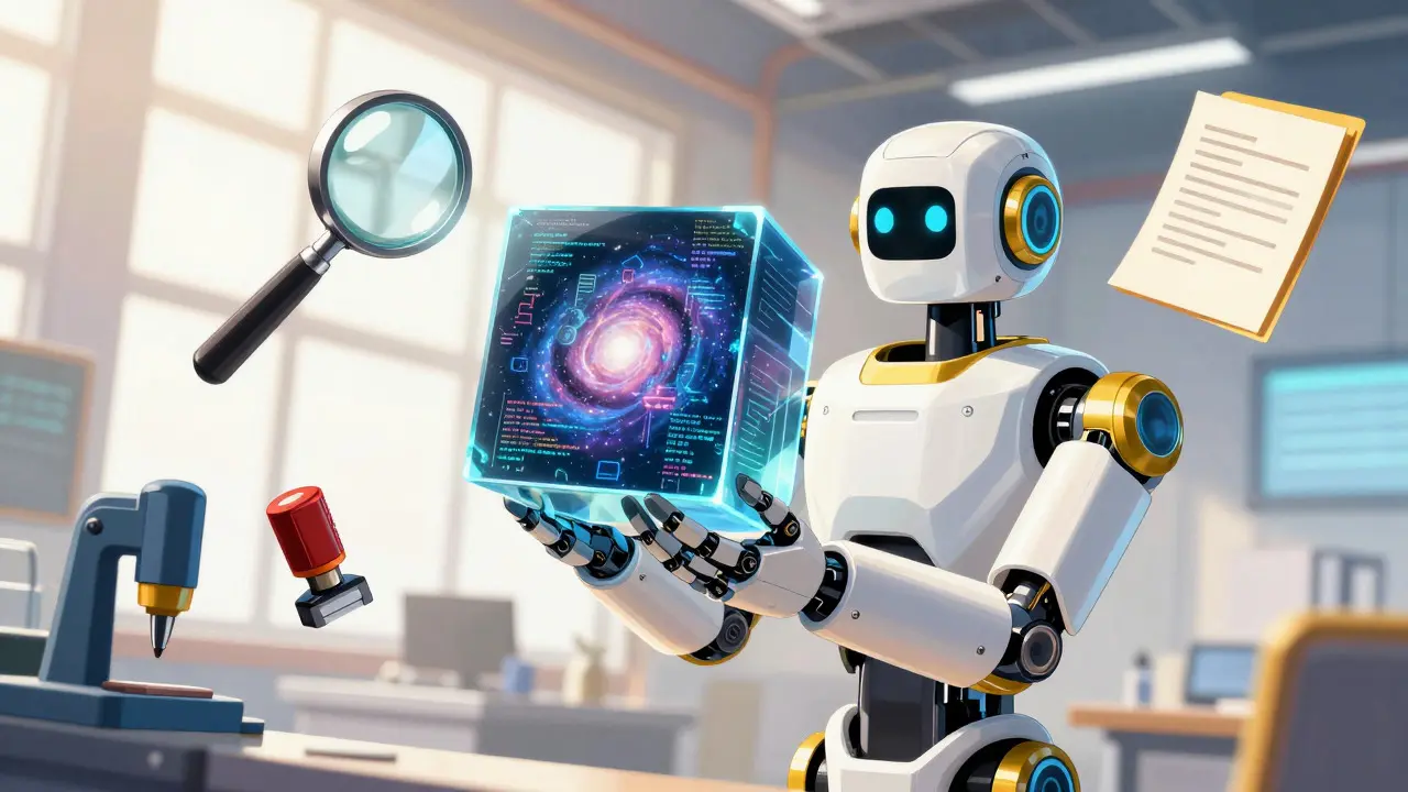 Polished robot holding a crystal cube containing swirling code in a bright workshop