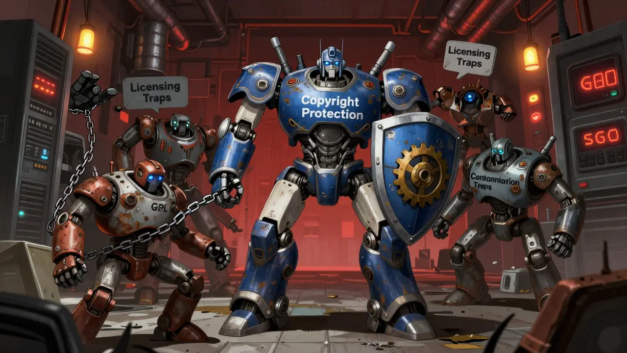 Real robot protecting a shield from jagged mechanical enemies representing licensing risks