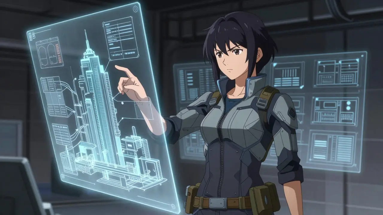Real robot style anime of an architect managing a holographic system blueprint