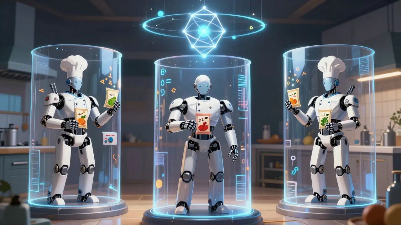 Robot chefs in isolated kitchens sending gradient updates upward