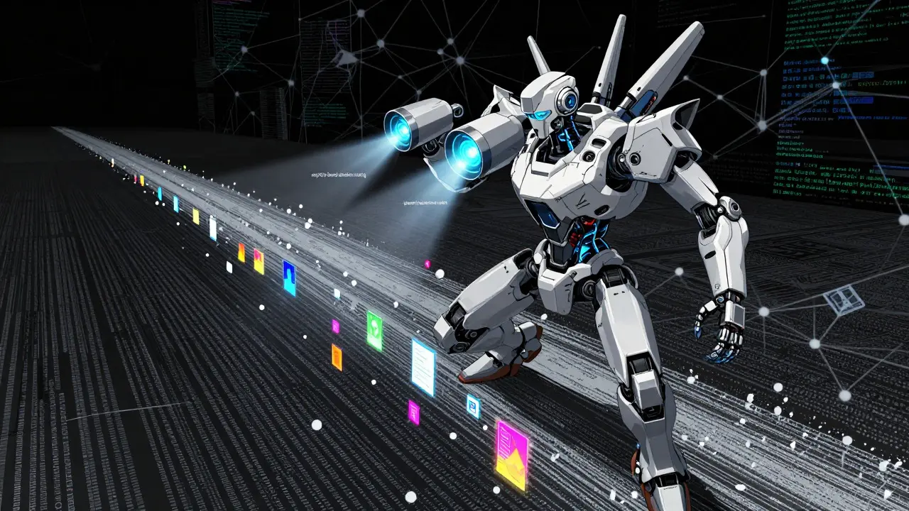 Robot navigating a data stream, selectively grabbing novel information packets amidst noise.