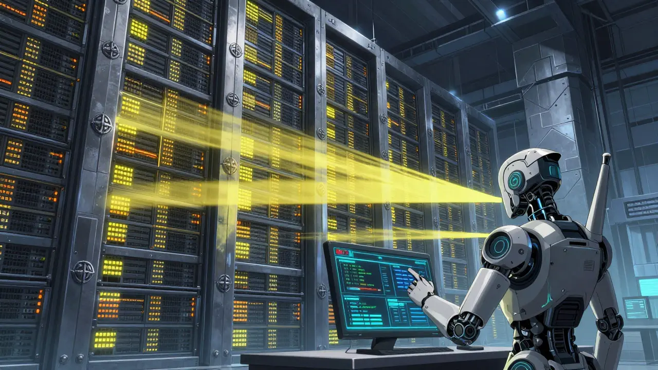 Robotic AI system scanning secure server archives for compliance anomalies