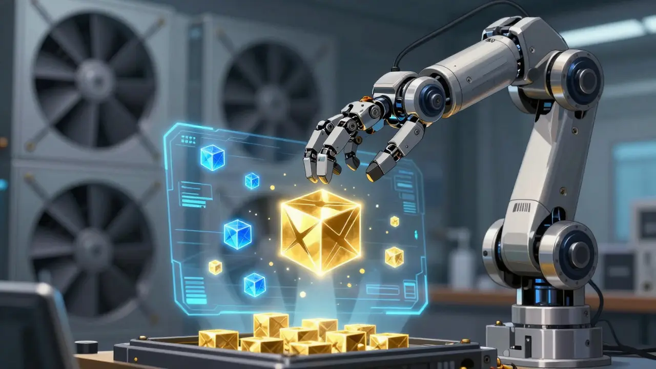 Robotic arm sorting glowing token cubes representing input and output costs in anime style