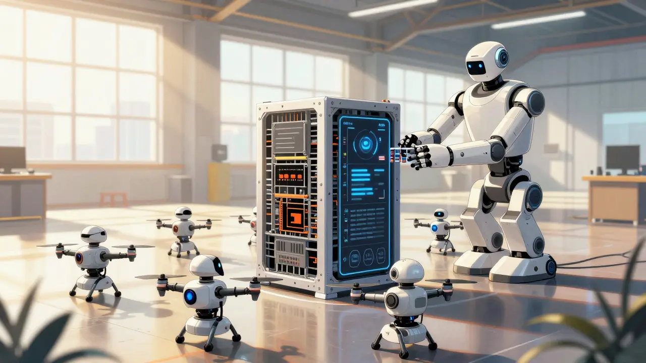 Robotic drones assembling modular computer parts in a bright industrial hangar