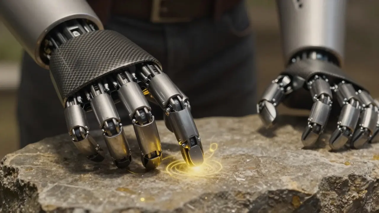 Robotic hand touching stone with haptic feedback sensors active