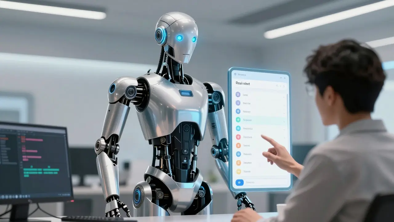 Sleek AI robot assisting user in iterating on a web application design