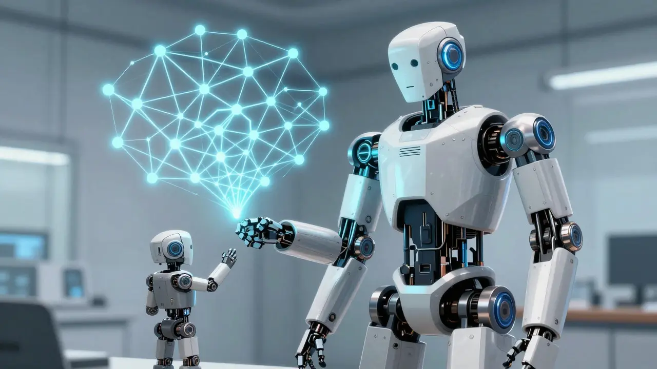 Small android projecting complex thought webs in lab