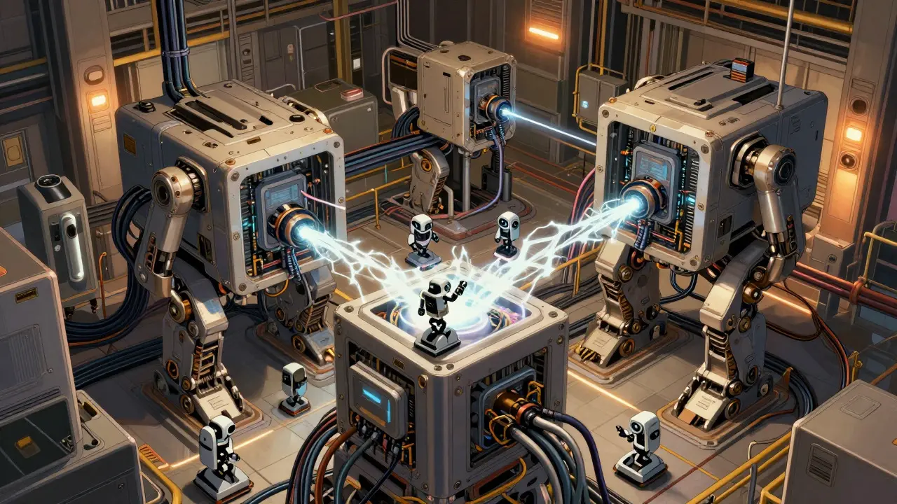 Small sidecar robots managing encrypted data flows between mainframes in a mesh network