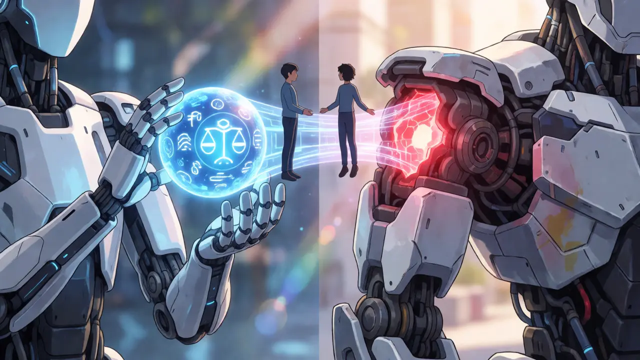 Split-screen anime art contrasting balanced AI trust with unstable bias using robotic components and user avatars.