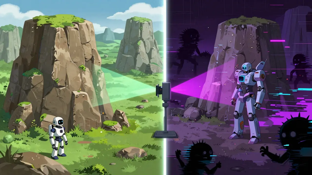 Split view comparing real and AI-generated landscapes with a detection scanner