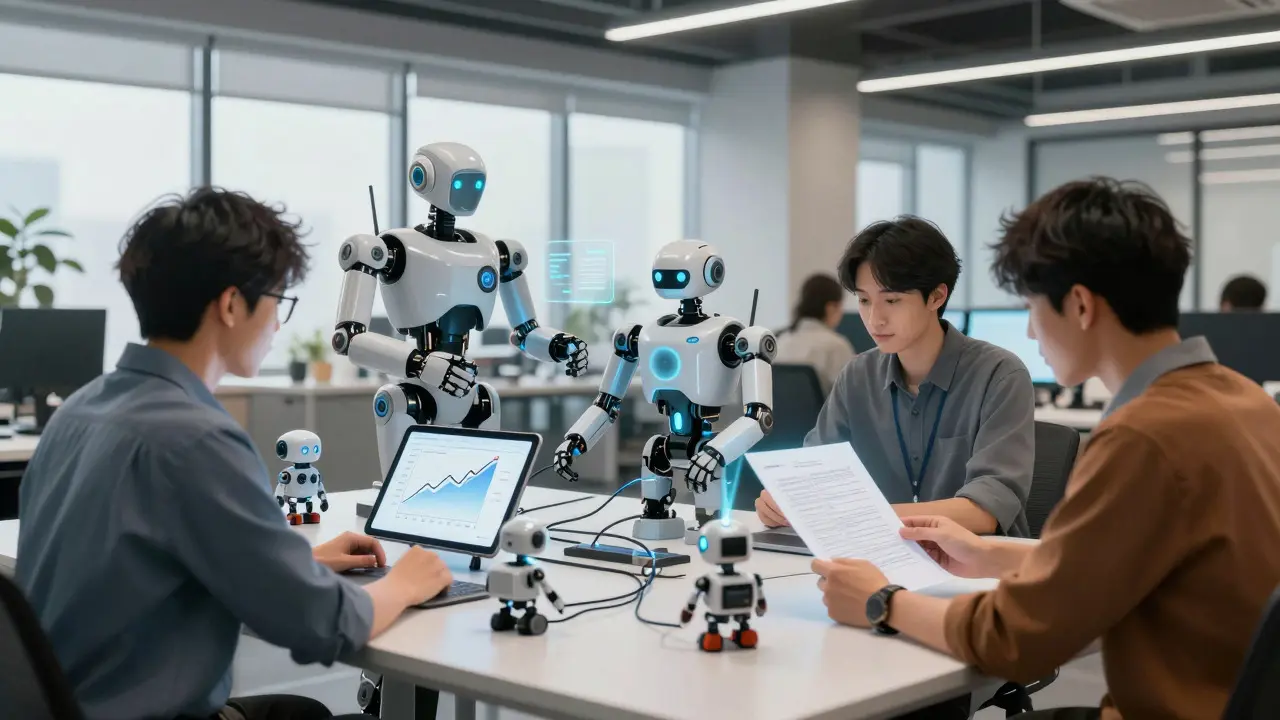 Team of humans and robots collaborating on a prototype in an office