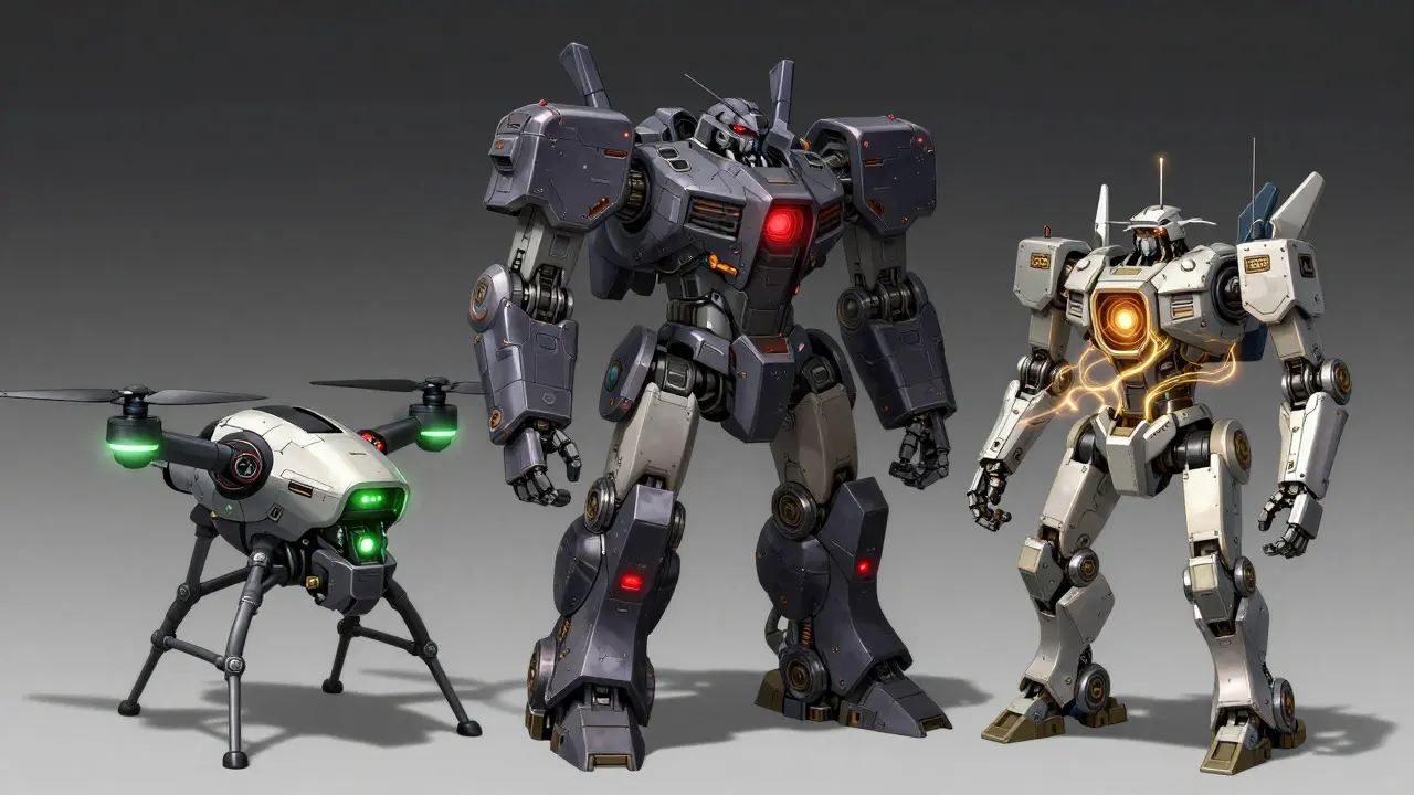 Three distinct robots representing state, parameter, and external memory types interacting.