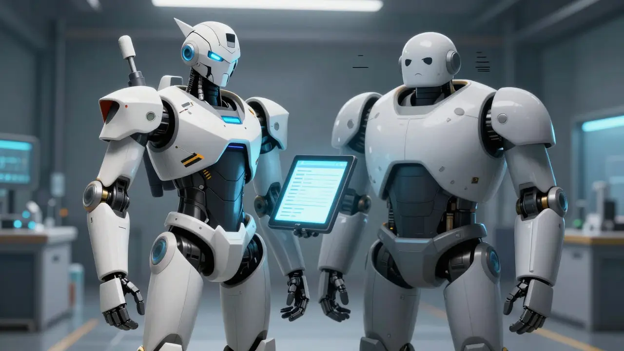 Two anime robots comparing a precise, detailed unit with a generic, confused unit in a lab setting