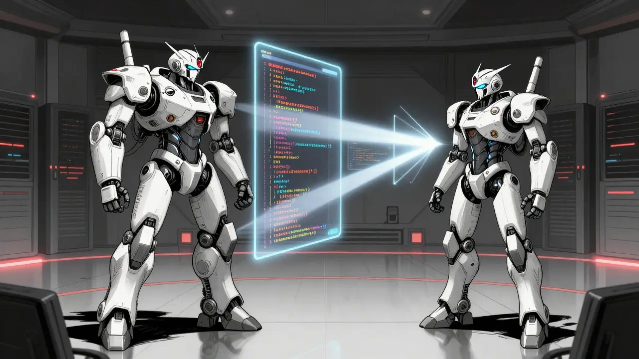 Two mecha robots exchanging data beams in a digital arena during a code security audit.