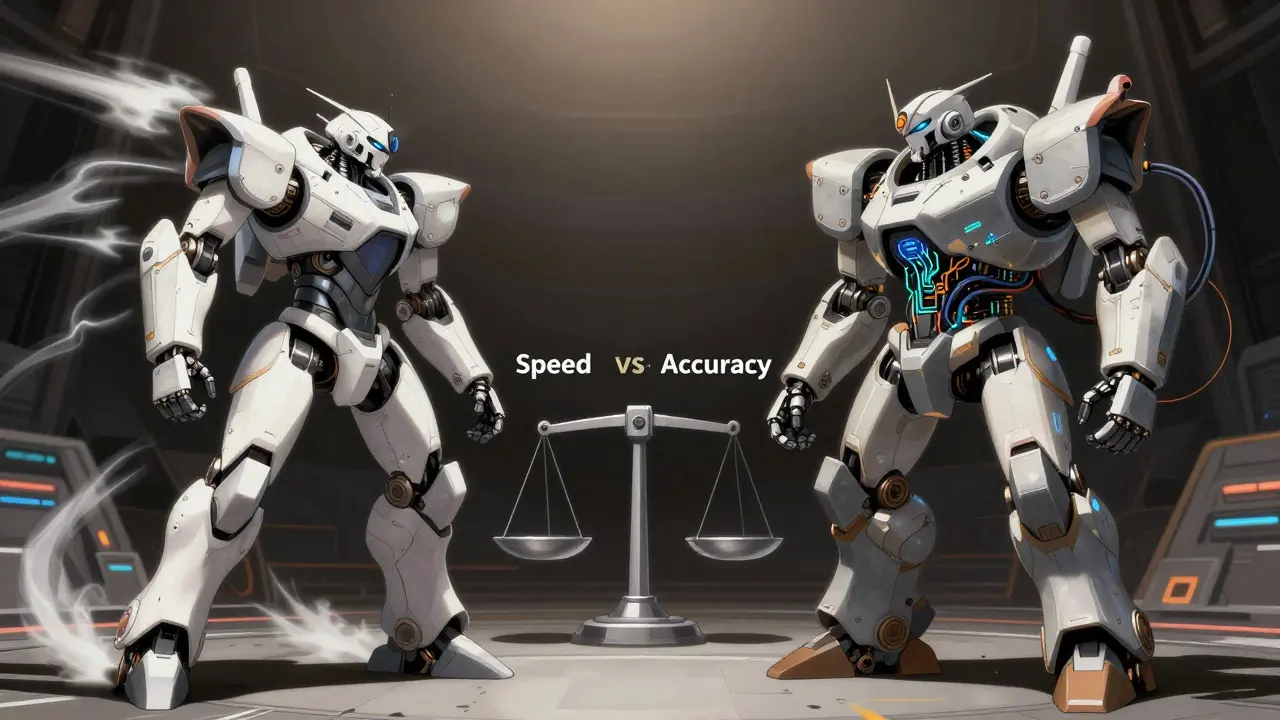 Two robots comparing speed versus accuracy in a digital duel