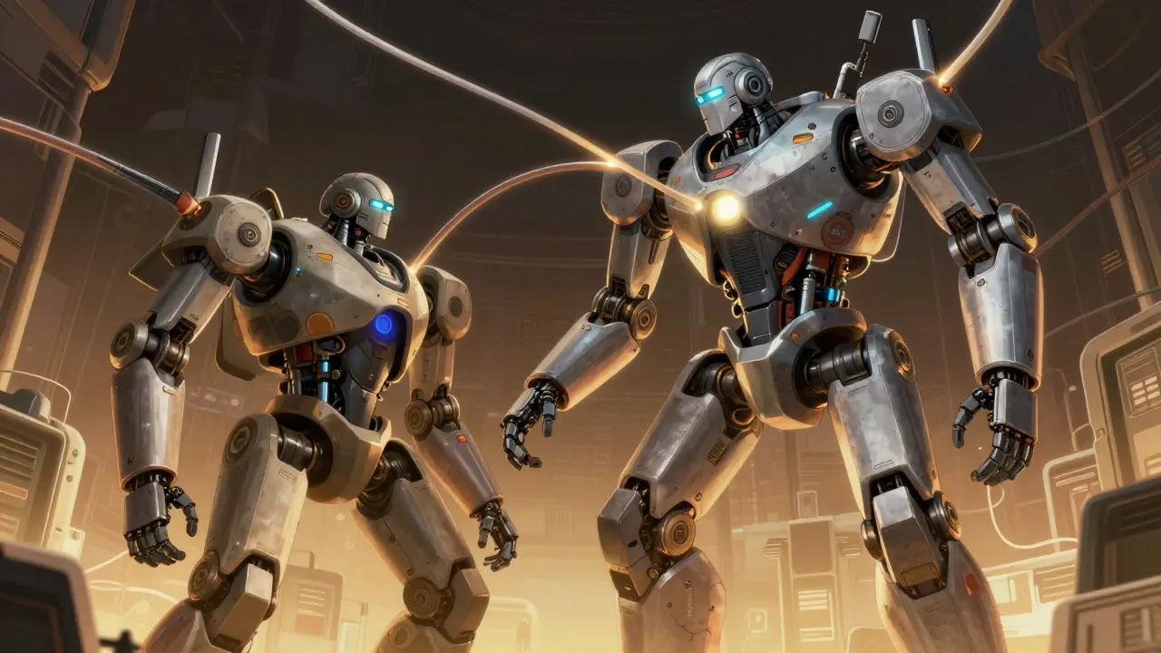 Two robots representing dense and MoE models connected by data cables