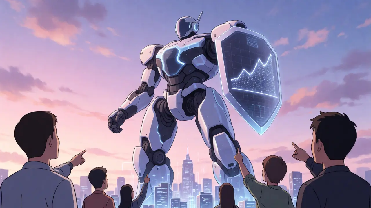 A giant mecha stands over a digital city, held by diverse creators looking up in awe.