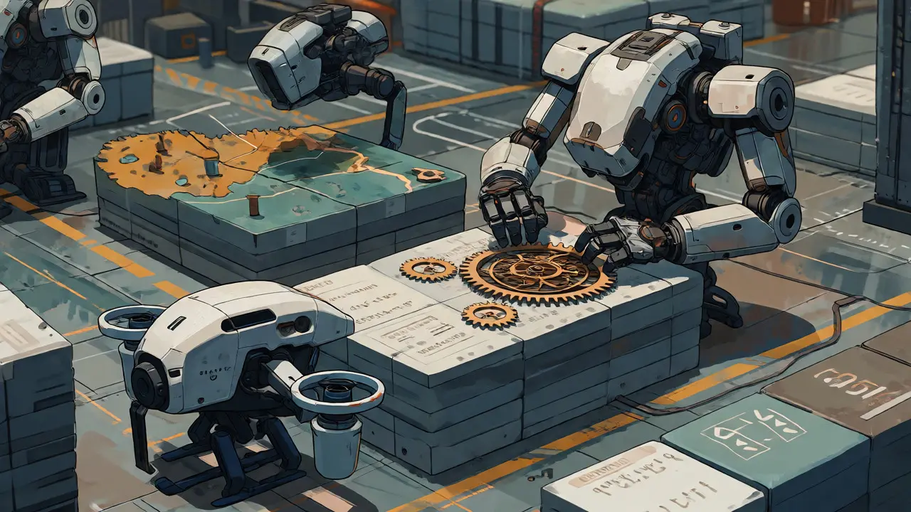 Aerial view of various mecha units collaborating on different types of data processing tasks.