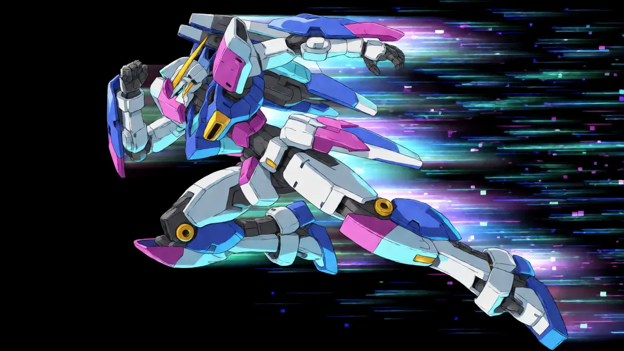 Agile mecha running through digital streams with transparent segments showing adaptive layer skipping.