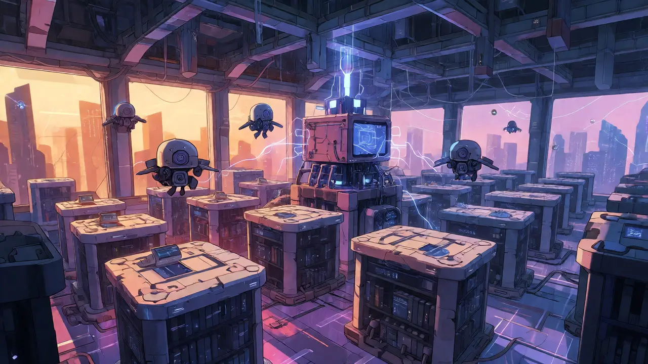 AI drones managing services in a vast interconnected digital marketplace hangar.
