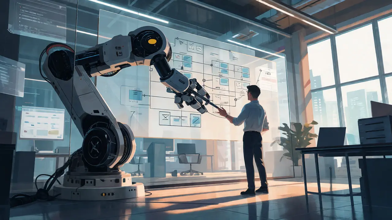 An engineer collaborating with a robot arm to draw clean UML diagrams.