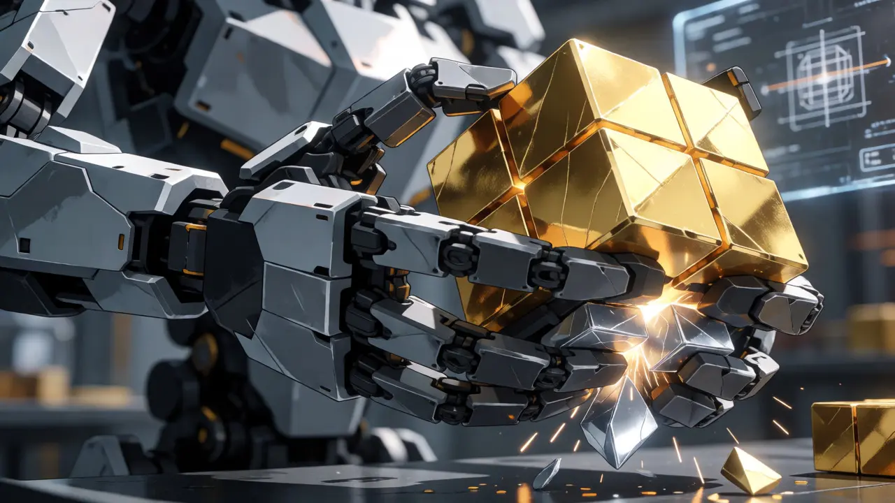 Anime style robotic arm compressing golden data cubes into silver shards for quantization.