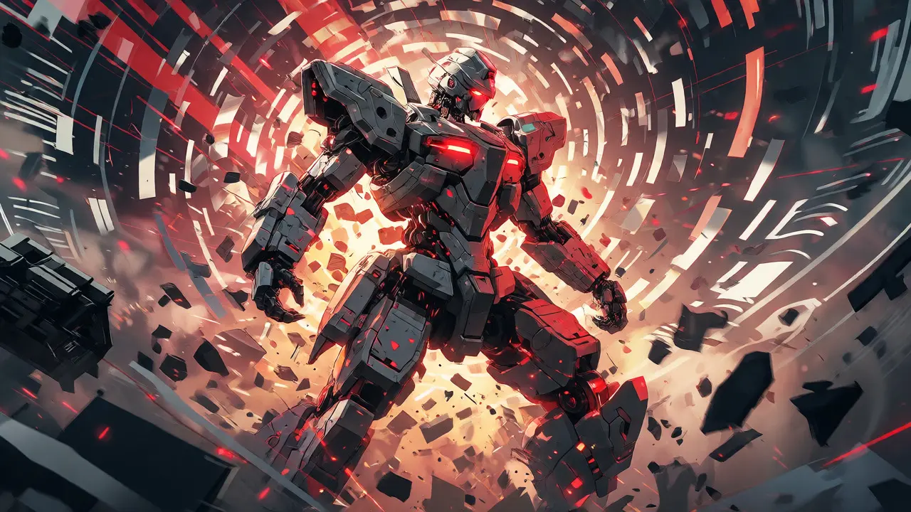 Chaotic battle scene with a mecha surrounded by swirling creative energy shards.