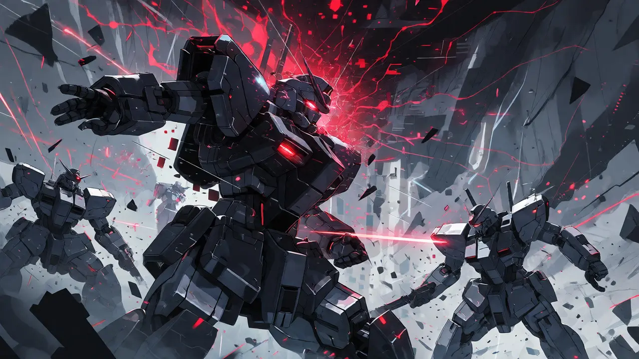Chaotic mecha battle with glitch effects and erratic energy sparks